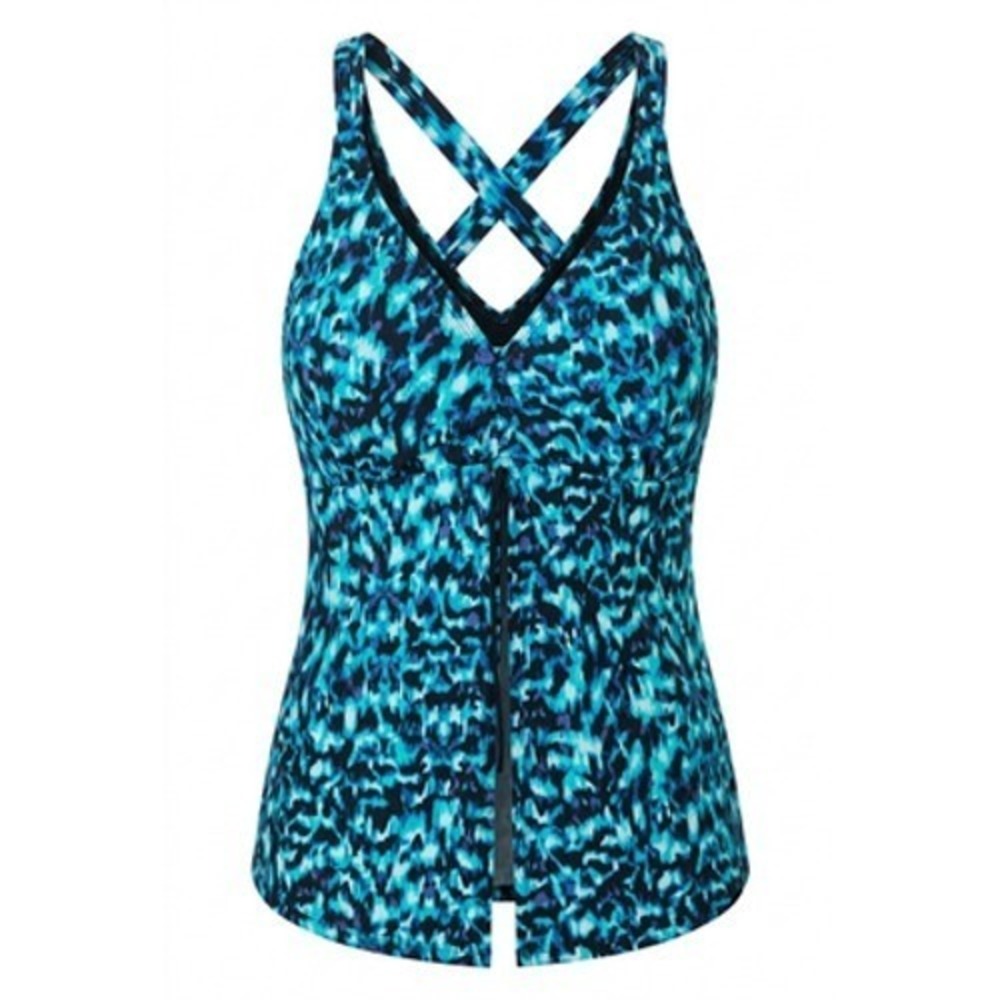 Catherines Tankini Swim Top Womens 24W Blue Animal Print Criss Cross Strappy